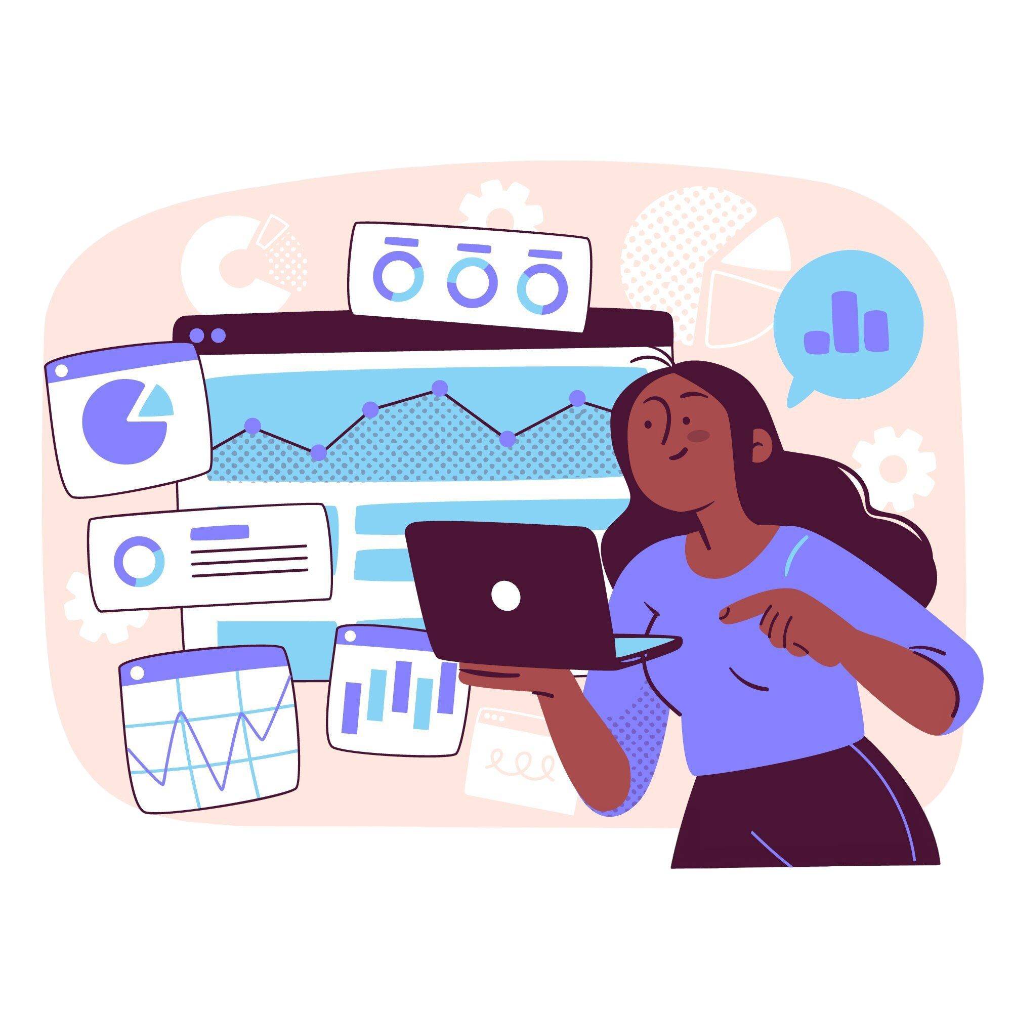 ilustração de uma mulher observando notebook e gráficos ao fundo